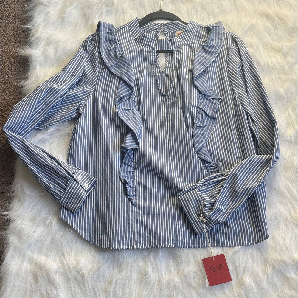 Elegant Blue Striped Ruffle Blouse